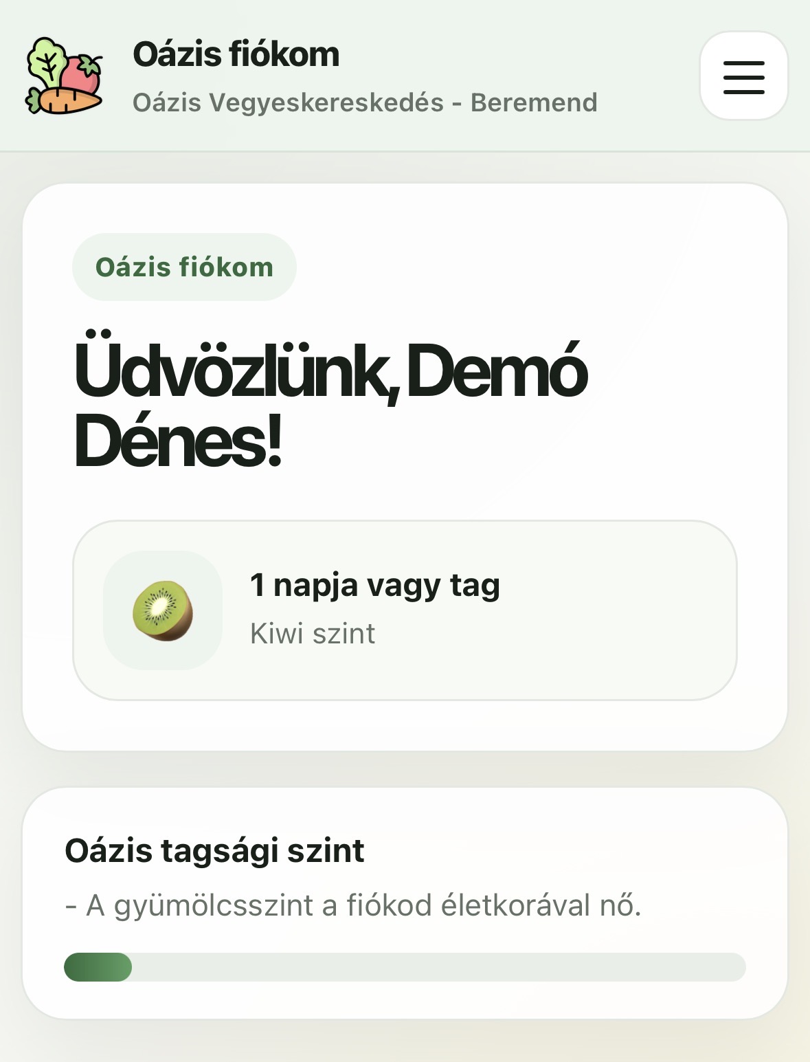 Fiók oldal felső üdvözlő része és tagsági szint