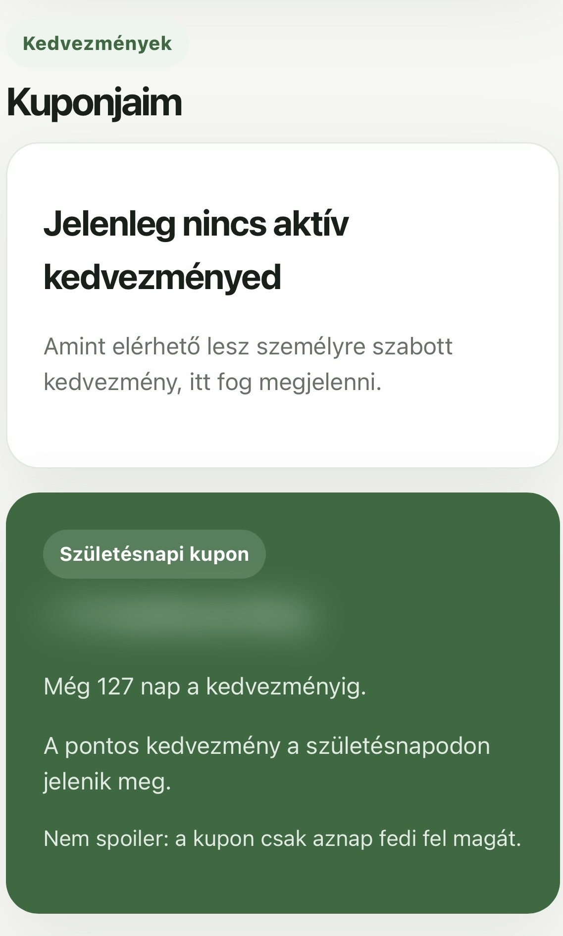 Kuponok oldal aktív kuponnal vagy üres állapottal