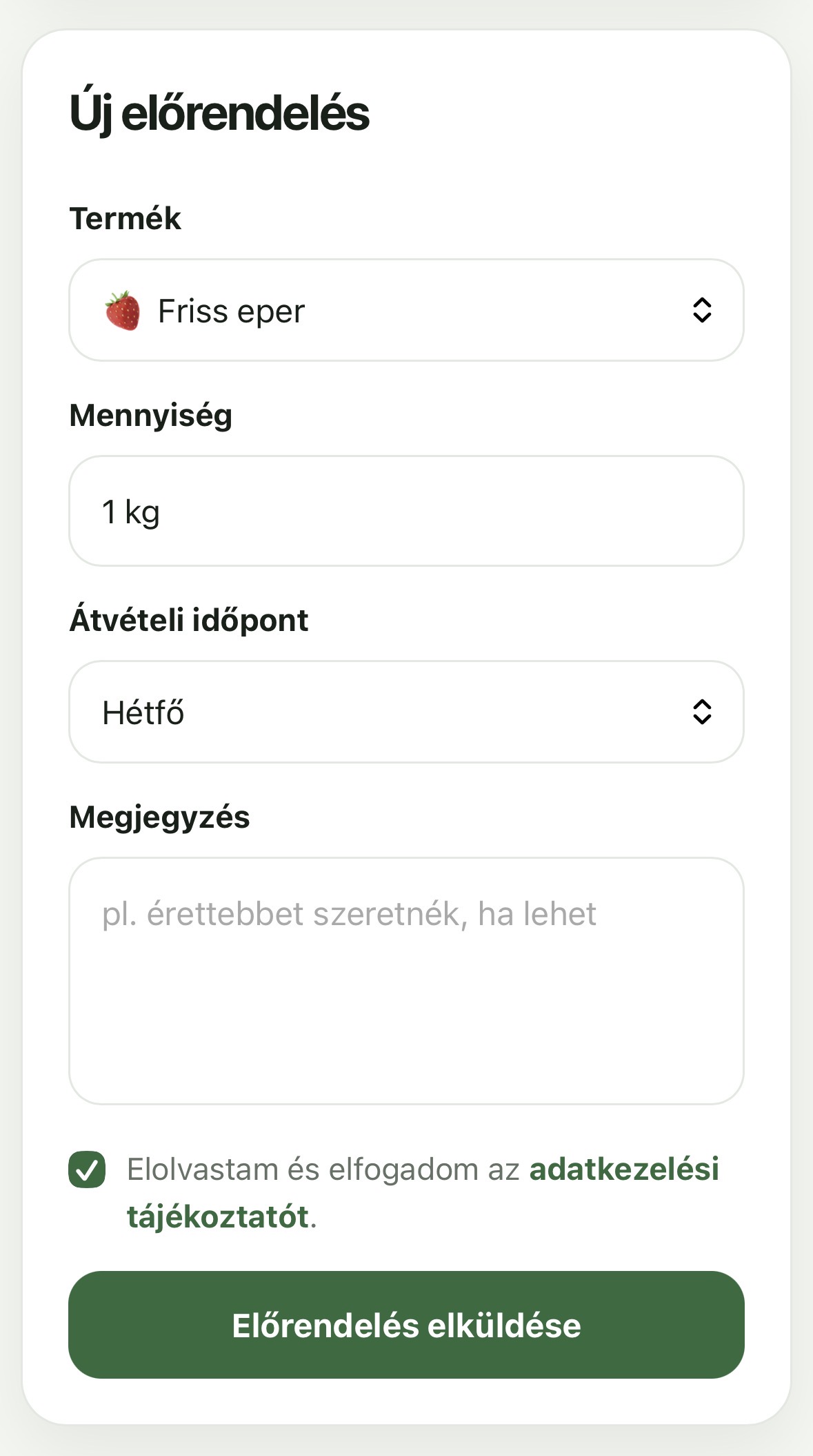 Előrendelés oldal
